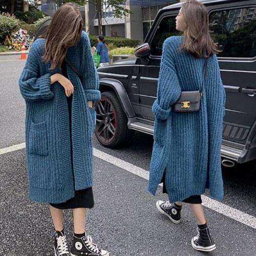 Lugentolo Long Cardigan Women Knitted Sweater Fall Winter Loose Pockets Solid Color V-Neck Cardigans for Women