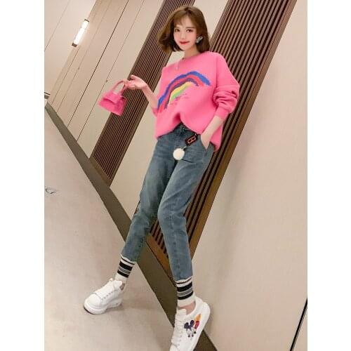 Fashion splicing bump thread color of tall waist trousers show thin mouth joker leisure jeans haute couture new winter