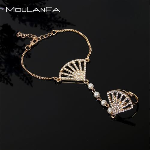 MOULANFA NEW bridal jewelry fan-shaped hand chains with finger ring for lady high quality gold wedding handbracelet jewelry