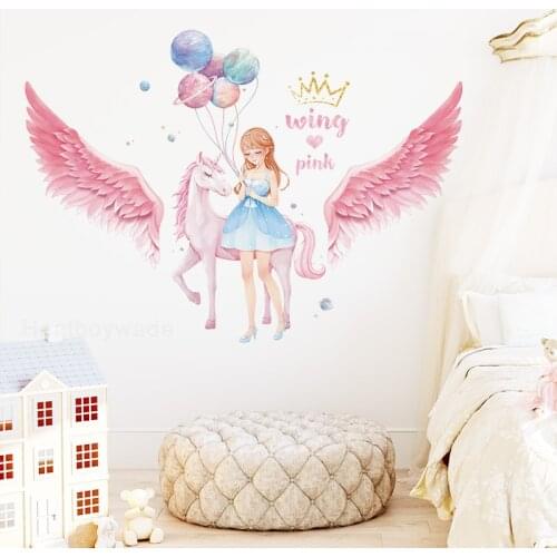 Cartoon Girl Unicorn Wing Wall Stickers Princess Room Bedroom Decor Nursery Wall Decor Pink Wings Decals for Furniture