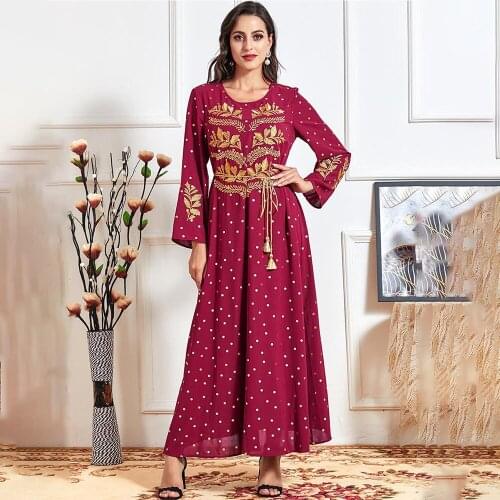 Muslim dress Autumn womens ethnic gold thread embroidery polka dot printing casual dress long skirt Abaya Dubai Dresses