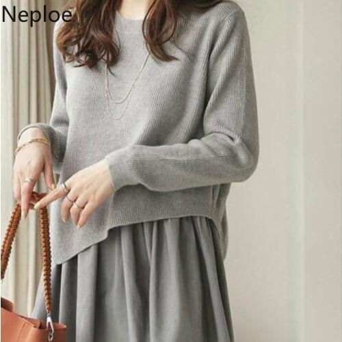 Neploe Patchwork Fake Two Sweater Women O-neck Long Sleeve Loose Knitted Pullovers Tops 2021 Fashion Jumper Coat Female 4H079