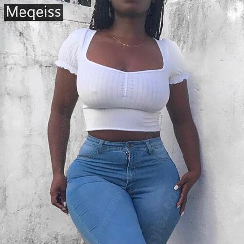 Meqeiss 2020 New Solid Summer Women T-Shirts Short Sleeve Fashion Ruched Top Female Sexy Knitted T-shirts Crop Tops Streetwear