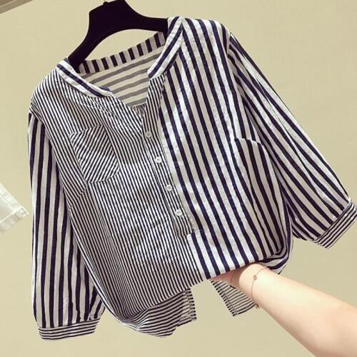 2020 New Arrival Women Shirts Summer Vintage Striped Blouse V-neck Female Loose Casual Ladies Tops Office Lady Shirt Elegant