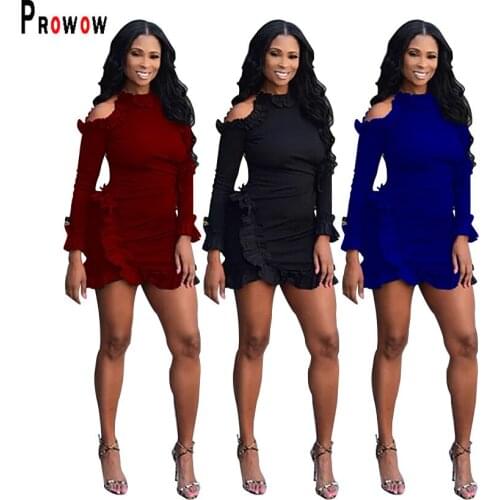 Prowow Fashion Office Lady Dress Long Sleeve Rullfe Slim Dresses for Women Spring Fall Solid Color Hollow Out Outfits Streetwear