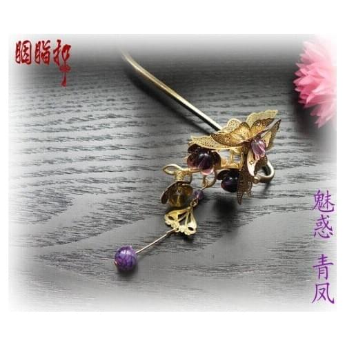 Purple Crystal Antique Bronze Plated Hair Stick with Tassel Qing Feng Fox Fairy Hanfu Costume Hair Accessory Hair Jewelry