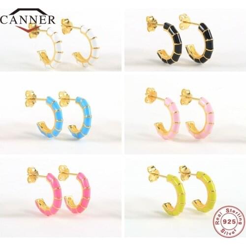 CANNER C-shaped Color Ear Buckle Ear Clip 100% 925 Sterling Silver Stud Earrings for Women Oil Dripping Piercing EarringJewelry