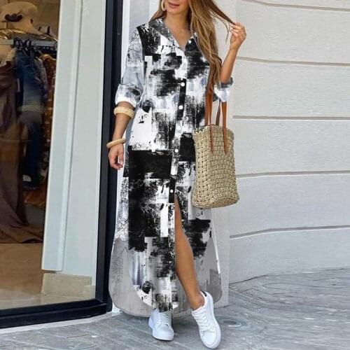 Spring Autumn Woman Long Dress Turn-Down Collar Loose Shirt Dress Casual Long Sleeve Button Shirt Dresses For Women Size S-2Xl