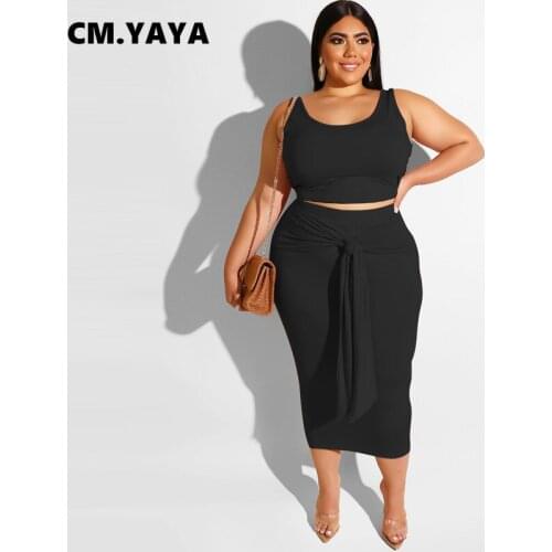 CM.YAYA Women Sets Plus Size Solid Tank Tops Bandage Sheath Elastic Long Skirts Two 2 Piece Set Tracksuit Summer Outfit 2021