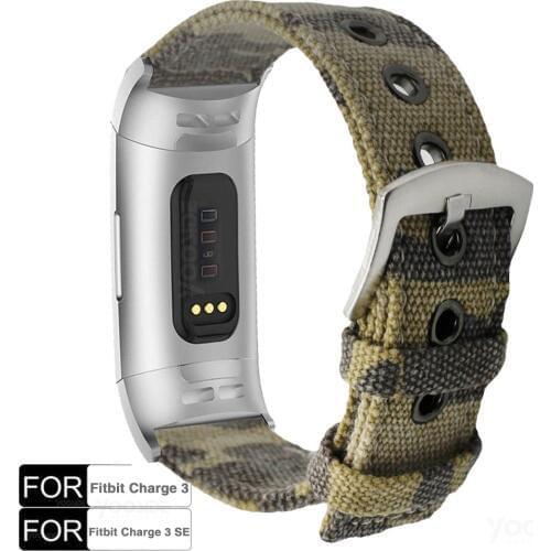 Charge 3 Woven Canvas Camouflage Band Strap with Metal Stainless Steel Ring Clasp Wristband Band Strap for Fitbit Charge 3/3 SE