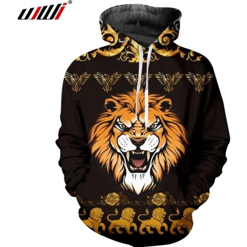 UJWI Men/Women Hoodies 3D Fashion Harajuku Loose Hoody Tops Windbreaker Golden Pattern Lion Printed Pullover Youth Jacket Custom