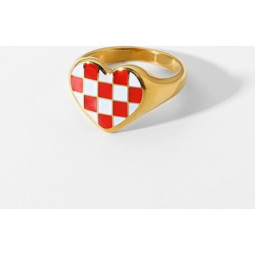 Unique Enamel Red White Checkerboard Grid Stainless Steel Rings For Women 18K Gold Plated Geometric Finger Rings Jewelry