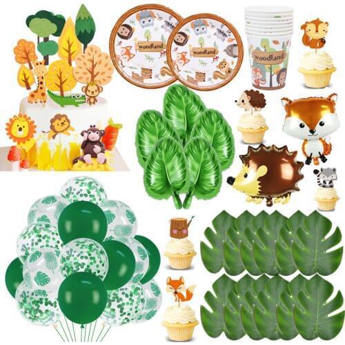 Woodland Jungle Theme Party Disposable Tablewares Cartoon Animal Lion Foil Balloons For Shower Kids Birthday Safari Party Decor