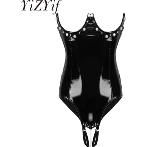 Adult One-piece Wet Look Patent Leather Lingerie Women Sexy Open Cup Breast Crotchless with Pearl Underwired Bodysuit Nightwear