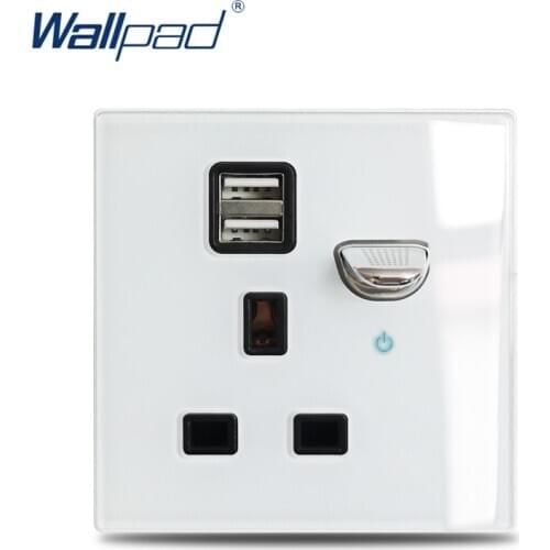 Wallpad L6 White Glass 13A BS UK Plug Switched Wall Socket Double USB Charging Port 2.1A Power Outlet Blue LED Indicator