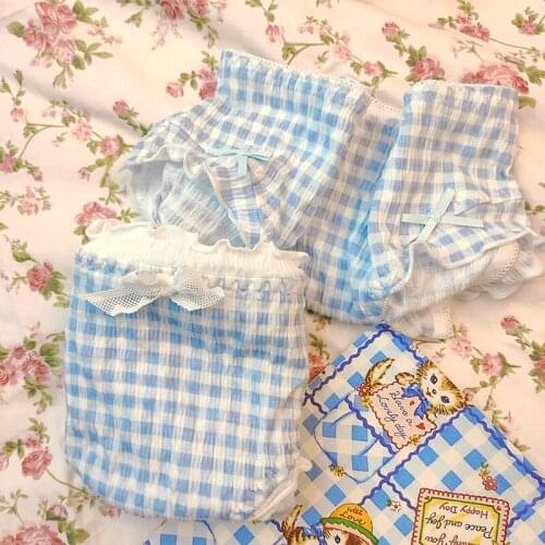 Japanese girls plaid sweet cotton panties breathable fresh mid-waist modal briefs blue