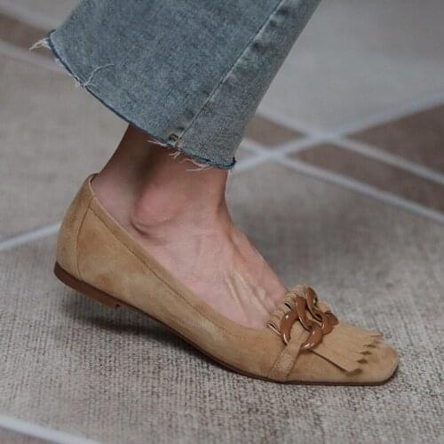 Women Genuine Leather Fringe Flats Suede Chunky High Heel Shoes Chain Decor Elegant 2021 Spring Autumn New Casual Shoes Loafers