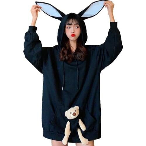 Autumn Sweet Cute Rabbit Ears Oversized Hoodies Women Loose Long Sleeve Pullover Tops Kangaroo Pocket With Bear Toy Sweatshirt