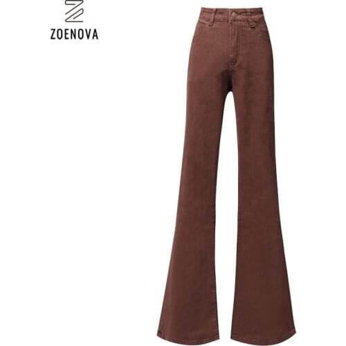 Brown Flared Jeans For Women 2021 High Street Y2k Fashion Trousers Low Waist Elasticity Cotton Blue Elegant Ladies Casual Pants