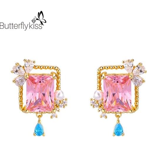 BK Sweet Pink Women’s Earrings Aquare Real 925 Sterling Silver Blue White Zircon Geometric Fine Jewelry For Wedding Engagement