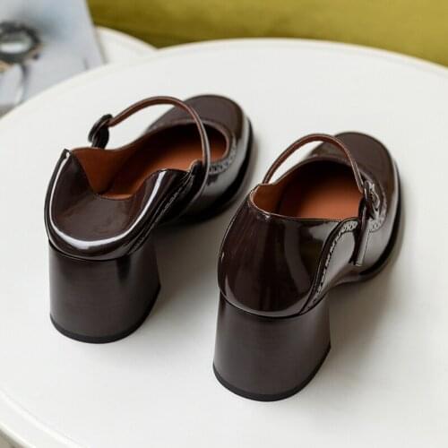 Osunlina 2021 Woman Pumps Round Toe Square Heels Black Brown Genuine Leather Buckle Strap Mary Janes Comfortable Handmade Shoes