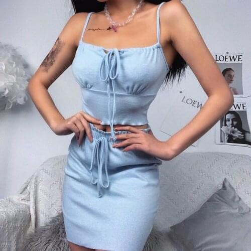 Fashion Lace Up Drawstring 2 Piece Set 2020 Summer Women Knitted Backless Camisole Crop Top And High Waist Pencil Skirt Suit