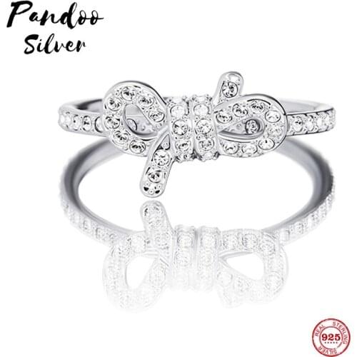 PANDOO Fashion Charm Pure 925 Silver Original 1:1 Copy, Romantic Flattery Bow Wild Ring Ring Female Luxury Jewelry Gifts