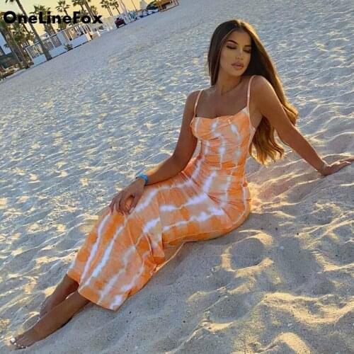 OneLineFox Womens Tie Dye Summer Dress Adjustable Spaghetti Strap Backless Bodycon Maxi Dress Sexy Party Vestidos Robe Femme