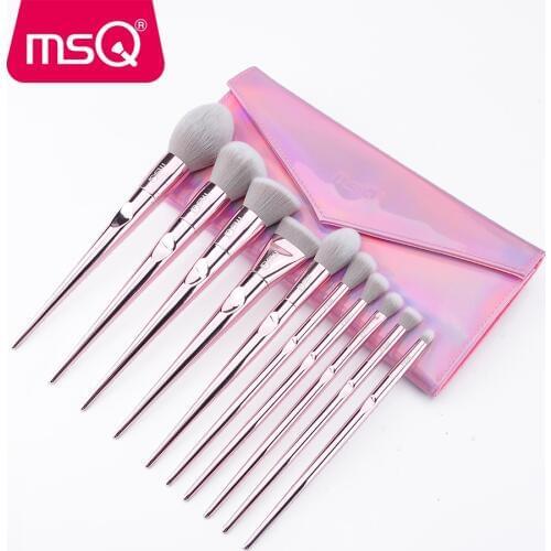 MSQ 10pcs Professional Pink Makeup Brushes Set Foundation Blusher Powder Brush Tools Flat Eyeliner Eyebrow Without Skin Hurt