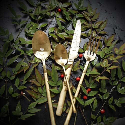 304 Stainless Steel Golden Matte Brushed Tableware Set Gold European Western Food Dinnerware Sets Knife Forks Teaspoon