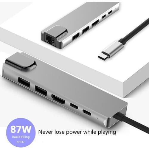 6 in 1 Aluminum Alloy USB 3.0 Ports Type-C Hub Usb-C to 4K HD Laptop Gigabit Ethernet Network PD Hub