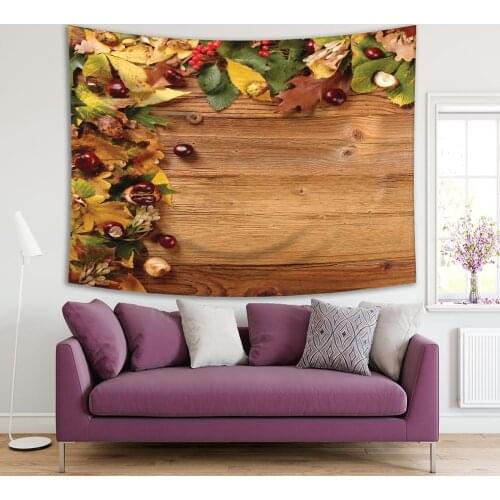 Tapestry Autumn Leaves and Chestnut over Wooden Background Nature Country Style Decor Brown Green