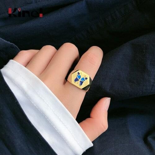Kinel Authentic Silver 925 Jewelry Enamel Butterfly Finger Rings for Women Adjustable Free Size 18K Real Gold Plated Anillos