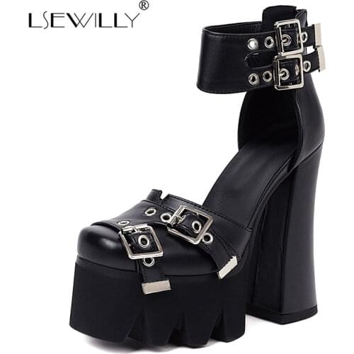 Lsewilly New Women Fashion Sandals Square head Thick Bottom High Heels Buckle Strap Slingback Punk Style Cool Ladies Size 34-43