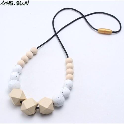 MHS.SUN Food Grade Silicone Original Wooden Beads Necklace For Baby Mom Chewable Teething Nuring Necklace BPA Free Jewelry