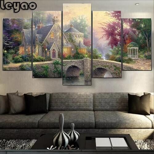 5 Pieces Cross Stitch Diamond Painting Arch Bridge & Villa Nature Scenery Multi-Picture Classic Landscape DIY Diamond Embroidery