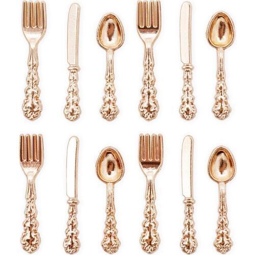 Odoria 1:12 Miniature 12Pcs Coppery Knife Fork Spoon Set Dollhouse Kitchen Accessories
