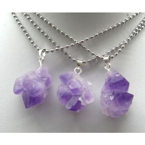 Natural Stone Raw Ore amethyst Jewelry Irregular Pendant Women stainless steel for diy Jewelry Making Necklace1PC