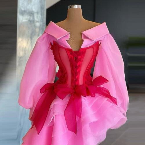 New Arrival Pink Prom Dresses With Lace-up Corset Side Split Tulle Women Evening Gowns For Pageant Ruffles Train