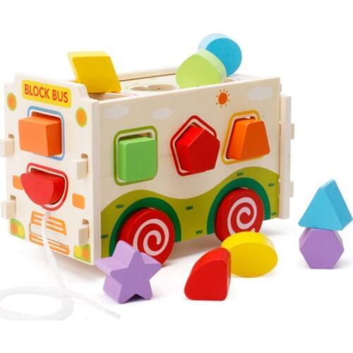 Montessori Toys Educational Wooden Toys for Children Early Learning Materials Kids Geometry Shape Matching Games Bus