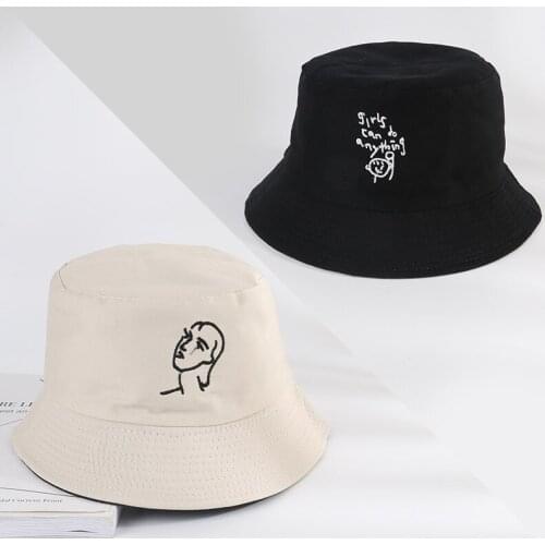 Double-side Harajuku Foldable Bucket Hat Fishing Outdoor Cap women Bucket fishing Hats Sunscreen Embroidery fisherman hat
