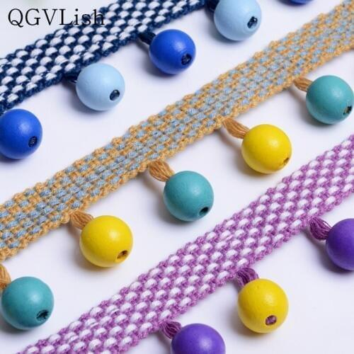 QGVLish 12M Wood Beads Curtain Lace Trim Tassel DIY Sewing Wedding Sofa Stage Lamp Edge Decor Curtain Accessories Lace Ribbon