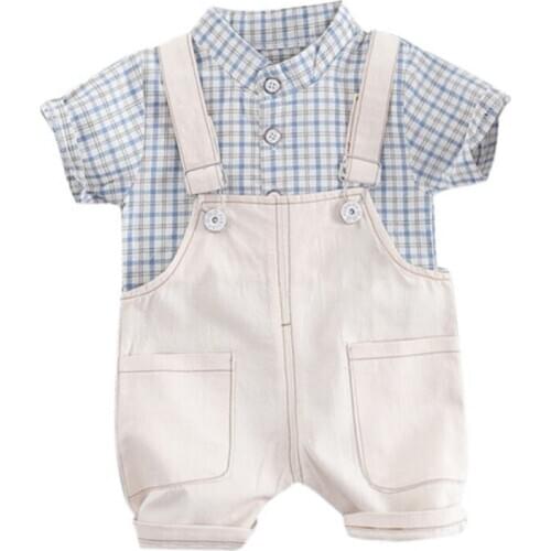 Baby Boy Clothes Summer Baby Boys Short Sleeve Plaid Print Tops Shirts+Strap Shorts Casual Outfits Sets Clothes For Boys