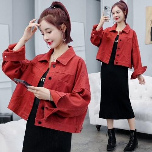 Red Cropped Plus Size Loose Woman Jacket Denim 2021 Autumn Cotton Korean Fashion Casual Big Breast Coats Designer Jean Jacket
