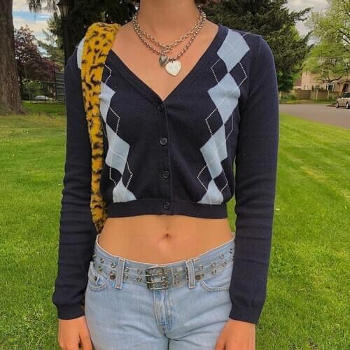 Argyle Geometric Knitted Y2K Cardigan Long Sleeve V Neck Vintage Plaid Sweaters For Women 2020 Crop Top Female Jumper Outfits