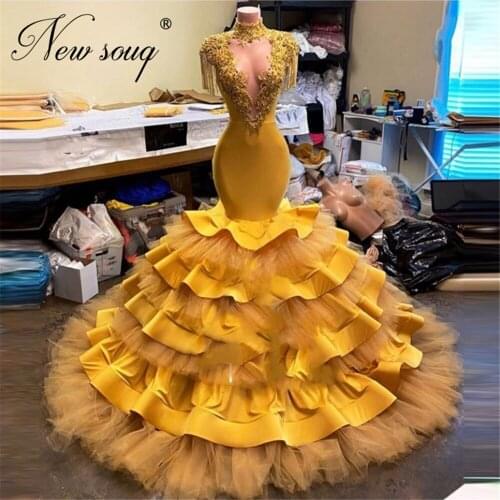 Muslim Yellow Beaded Evening Dresses Dubai 2021 Robe De Soiree Party Celebrity Dress Saudi Arabia Prom Gowns Custom Made Arabic