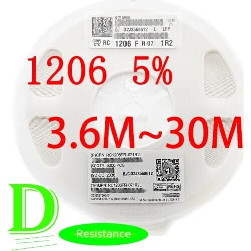 100PCS SMD Resistor 1206 5% RC1206JR-07 Series 3.6M 3.9M 4.3M 4.7M 5.1M 5.6M 6.2M 6.8M 7.5M 8.2M 9.1M 10M 15M 18M 20M 30M