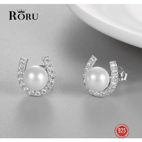 925 Sterling Silver Stud Earrings Natural White Pearl Earrings Luxury U-shaped Zircon Fine Ear Jewelry for Women