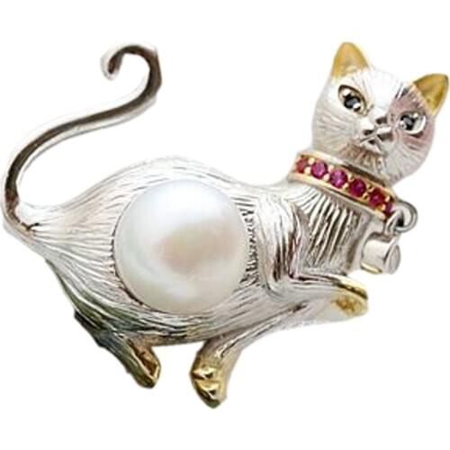 BOCAI New Real S925 Pure silver brooch inlaid with natural freshwater pearls female silver corsage cute kitten