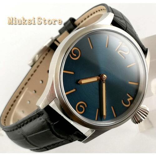 43mm Sterile Classic Luxury sapphire glass blue dial luminous hands crystal hand winding waterpoof mens mechanical watch gift